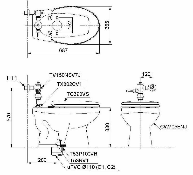 Bản vẽ 2D bàn cầu nhà vệ sinh đặt sàn cao cấp